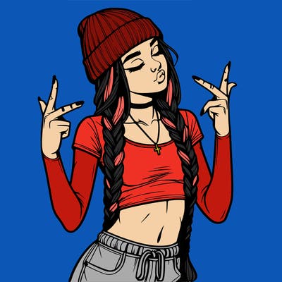 realistic teenage girl with braids and a beanie and crop top doing 🫶🏼