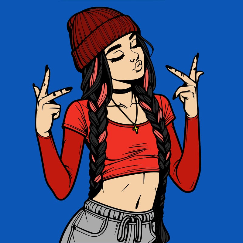 realistic teenage girl with braids and a beanie and crop top doing 🫶🏼