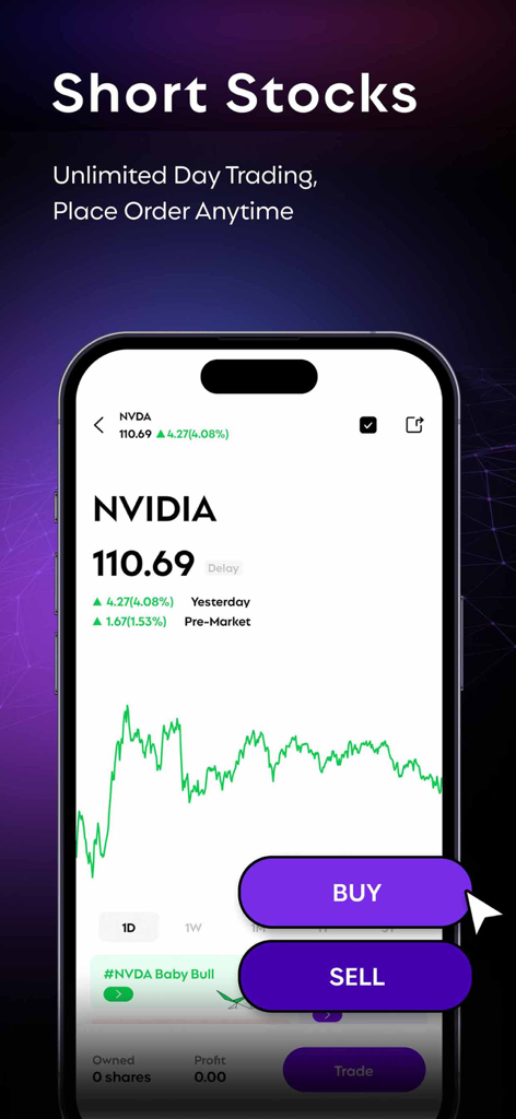 Interfaz de la aplicación RockFlow mostrando el gráfico de acciones de NVIDIA con botones de compra y venta