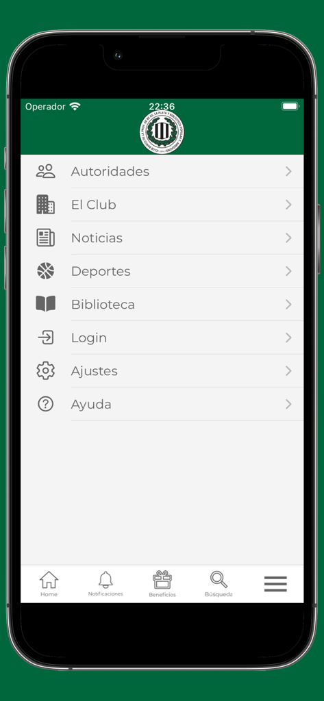 Club Banco Provincia La Plata - Pantalla del menú principal de la aplicación móvil Club Banco Provincia La Plata con opciones de navegación para noticias, deportes y biblioteca.