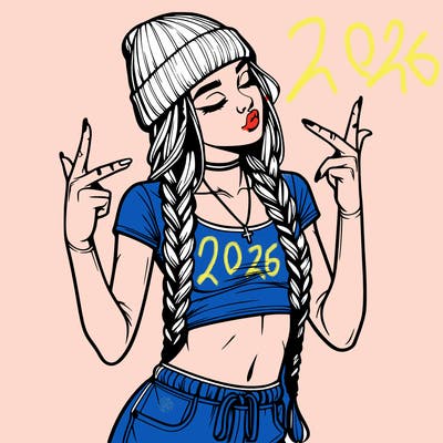 realistic teenage girl with braids and a beanie and crop top doing 🫶🏼