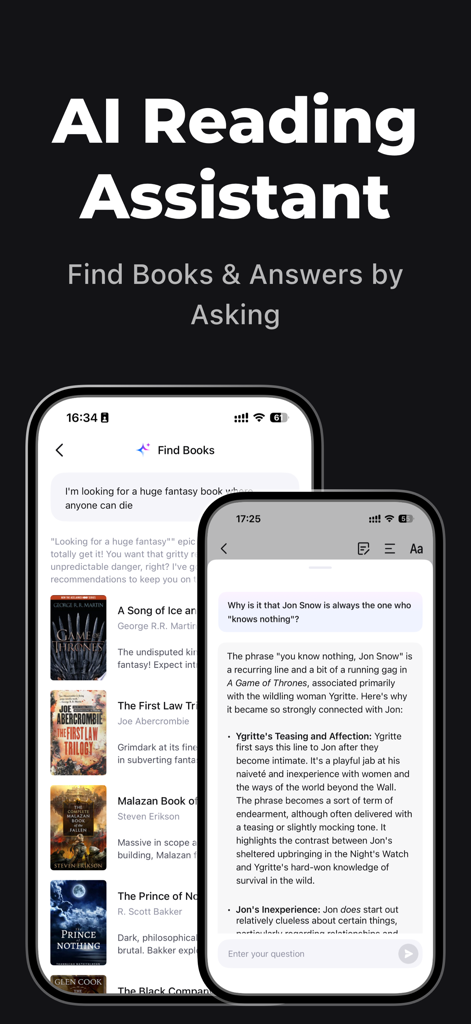 Readify: AI Natural Read Aloud - A mobile app interface displaying an AI assistant recommending fantasy books and answering character-specific questions.