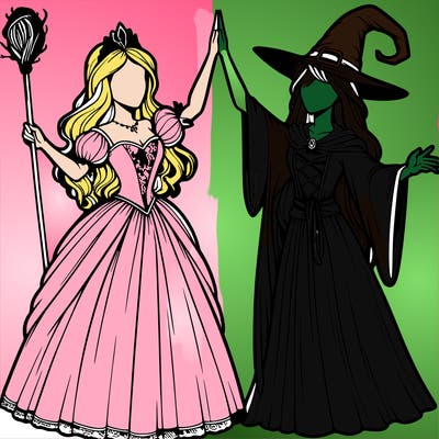 detailed realistic split of a princess and a witch