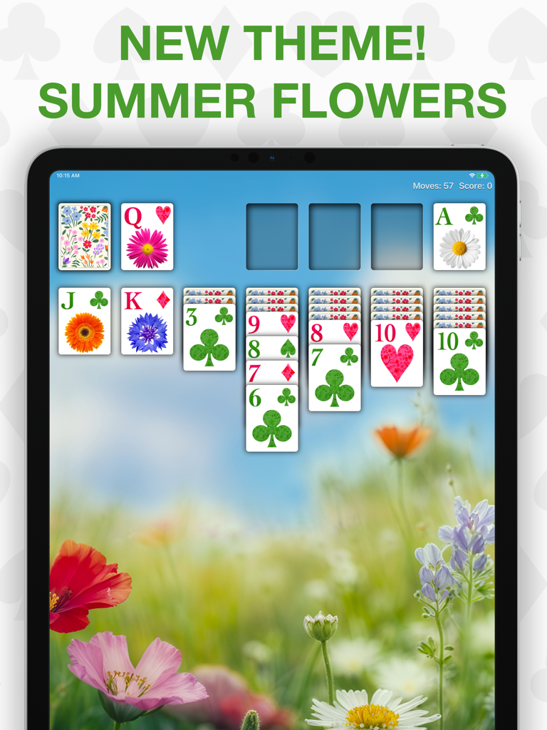 Real Solitaire for iPad - Jogo de Solitaire no iPad apresentando um tema personalizado de flores de verão e designs de cartas florais.