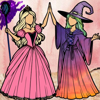 detailed realistic split of a princess and a witch