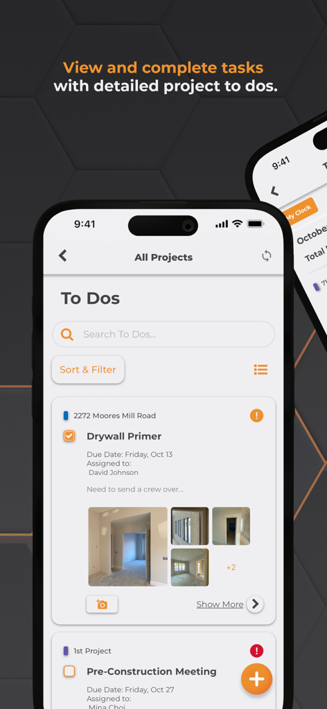 ConstructionOnline - ConstructionOnline mobile app interface showing a detailed project to-do list with photos and due dates