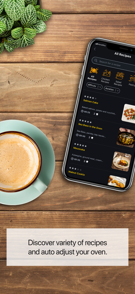 HomeWhiz app showing a recipe list for automated oven temperature control