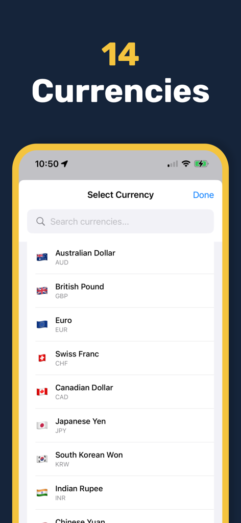 Gold & Silver Prices Live - Currency selection screen in the Gold and Silver Prices Live app showing 14 international currencies for price tracking