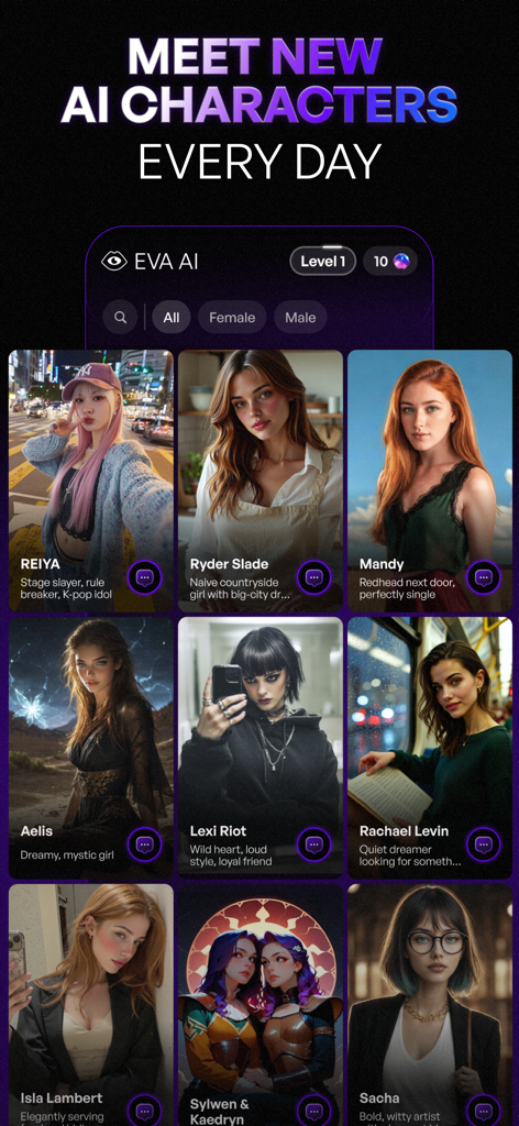 EVA: Chat with AI Girlfriend - Uma grade de personagens de IA diversos disponíveis para conversar no aplicativo EVA AI