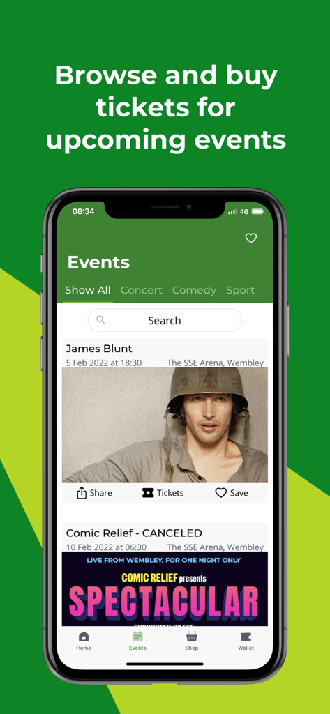 OVO Arena Wembley - Events page of the OVO Arena Wembley app showing concert listings and ticket booking options on a smartphone