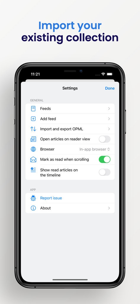 FeedFlow - RSS Reader - Settings screen of the FeedFlow RSS reader app showing options to import and export OPML files and manage feeds.