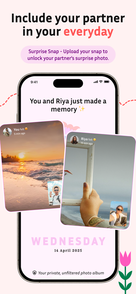 Smartphone screen showing the Kulfi app Surprise Snap feature where couples share private and unfiltered daily photos