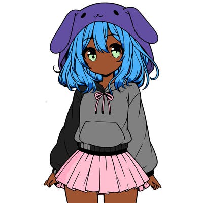 pretty anime girl wearing a fluffy hoodie with bunny ears on the hood and a skirt