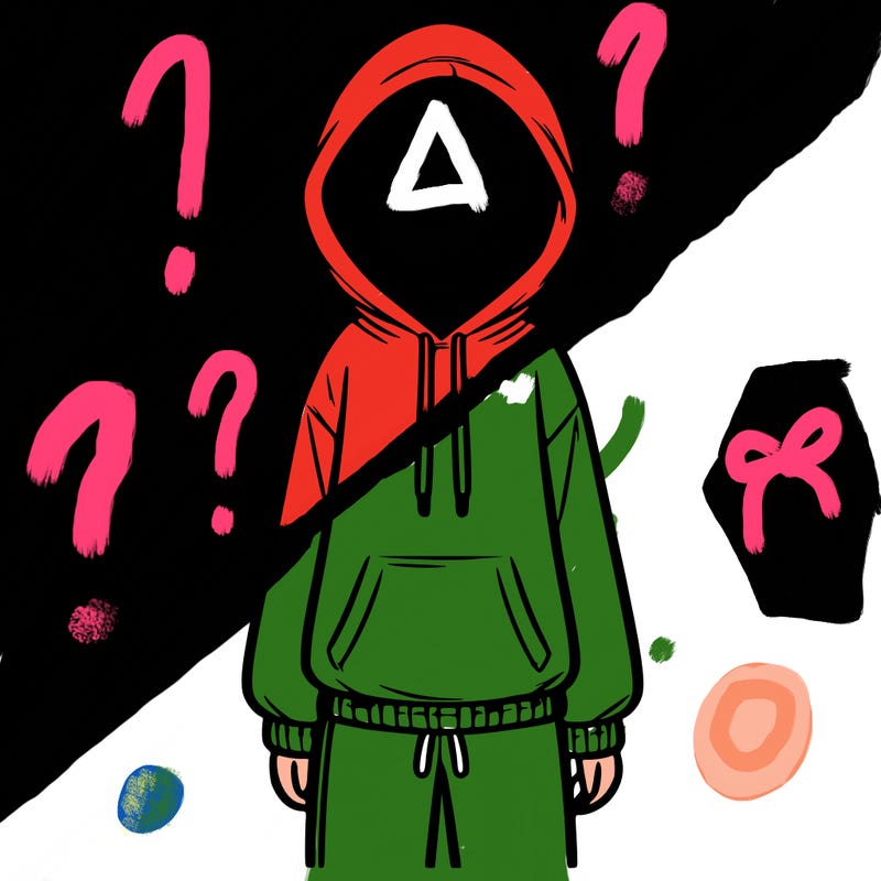 faceless girl in a tracksuit with a hood on and no hair