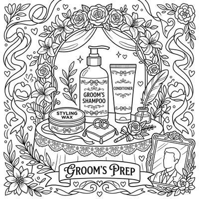 Celebrate the special day with this elegant coloring page dedicated to the groom's preparation. Featuring essential men's haircare products surrounded by romantic wedding details, it's perfect for a relaxing creative moment.