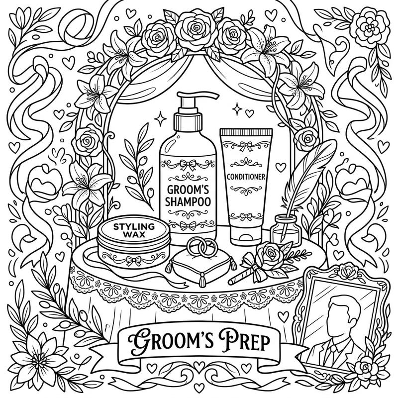 Celebrate the special day with this elegant coloring page dedicated to the groom's preparation. Featuring essential men's haircare products surrounded by romantic wedding details, it's perfect for a relaxing creative moment.