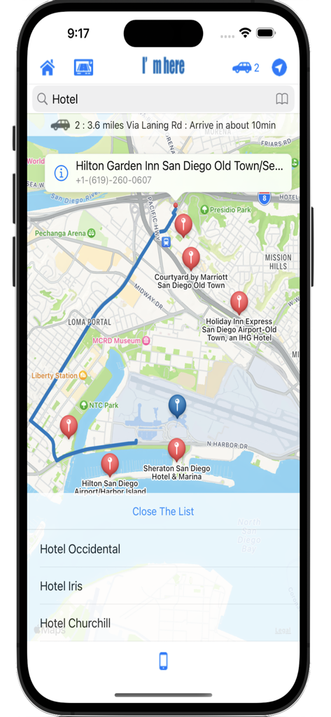 Captura de pantalla de la aplicación I'm here que muestra un mapa con ubicaciones de hoteles y una ruta de navegación