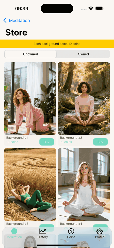 Tigho app store interface displaying aesthetic meditation backgrounds available for ten coins each