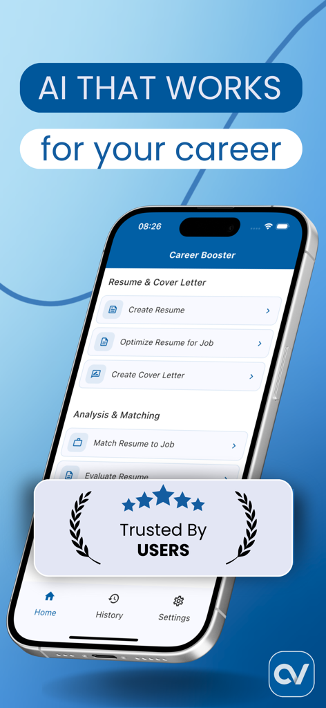 Intelligent CV & Cover Letter - Interface do aplicativo Career Booster exibindo ferramentas de IA para criar currículos e cartas de apresentação com um selo de usuário confiável