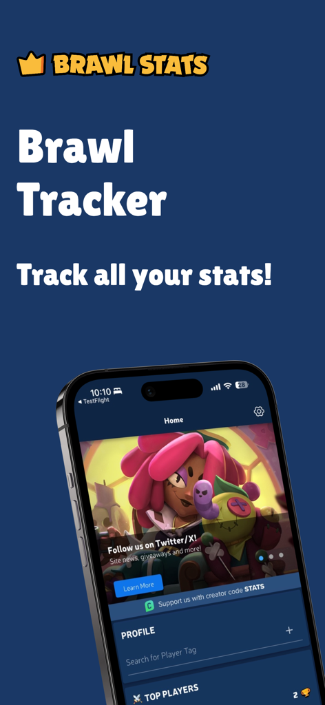 Brawl Stats app interface on a smartphone showing player statistics and rankings