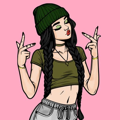 realistic teenage girl with braids and a beanie and crop top doing 🫶🏼