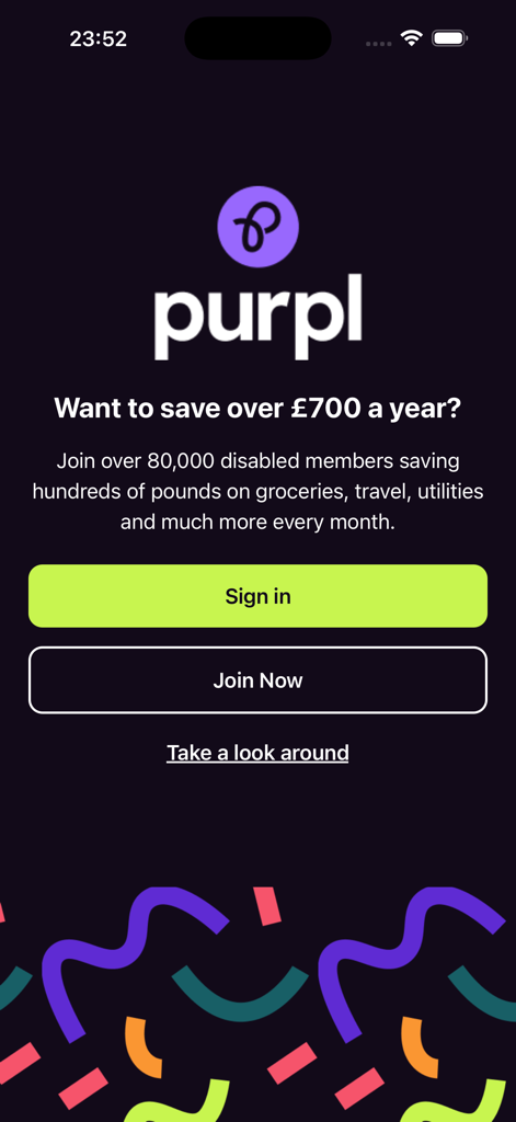 Purpl Discounts - Purpl Discounts app welcome screen showing options to sign in or join the community for disabled shoppers
