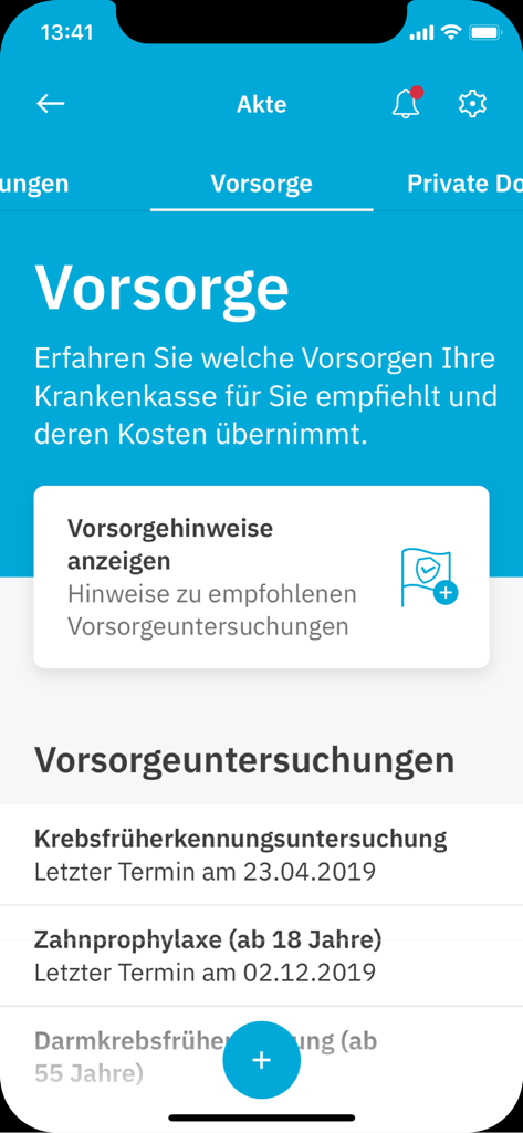 User interface of the HEK Service-App displaying a list of preventive health checkups and screenings