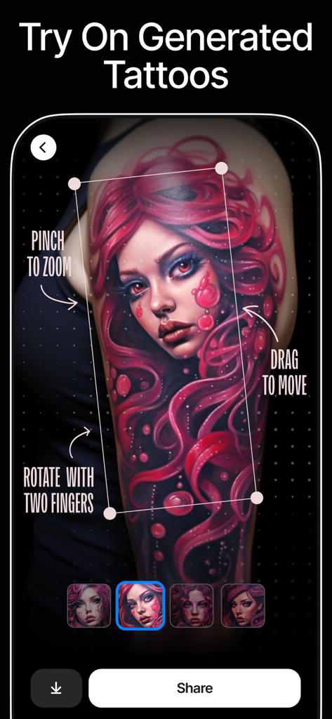 InkAI: AI Tattoo Generator - A mobile app interface showing a virtual tattoo try-on feature where an AI generated red portrait is being positioned on a users arm