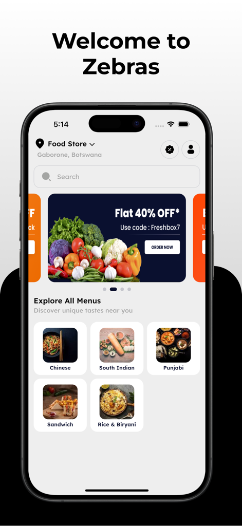 Zebras Groceries & Food - Home screen of the Zebras food and grocery delivery app showing various cuisines and a discount banner