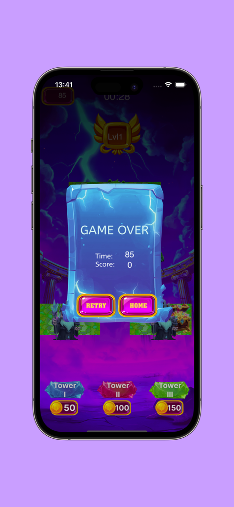 Ulimp Defence - Ulimp Defence game over screen with retry and home buttons