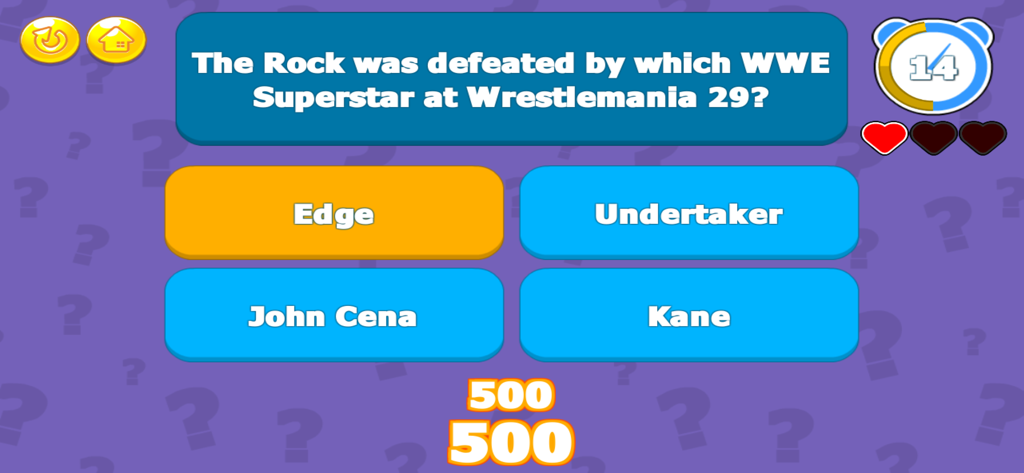 Wrestling Trivia­ - A screenshot of the Wrestling Trivia game showing a question about The Rock at Wrestlemania 29 with four answer options