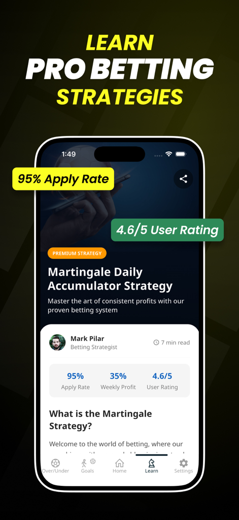 Daily Football Betting Tips - Mobile screen displaying professional soccer betting strategies and Martingale accumulator tips