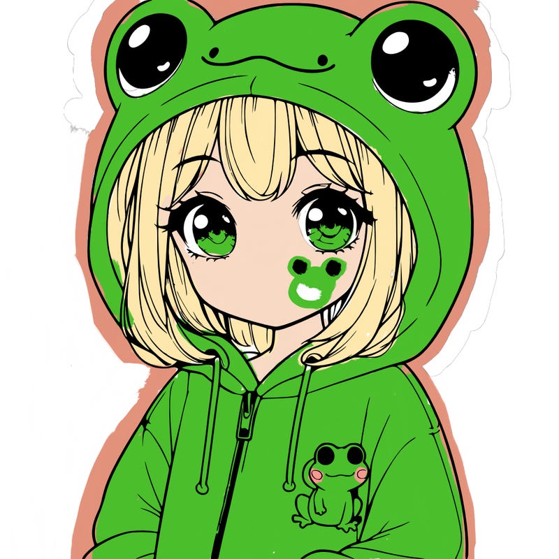 cute realistic girl in a froggy hoodie