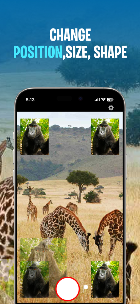 Double Camera Recorder - Double Camera Recorder app interface demonstrating picture-in-picture customization features with giraffe and monkey visuals.