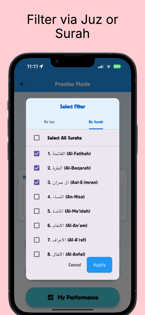Quran Memory Game - A mobile interface for the Quran Memory Game showing a selection filter for different Surahs