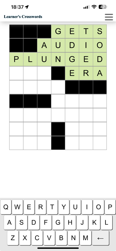 Gameplay of the Learner's Crosswords app showing a crossword grid being solved on an iPhone.