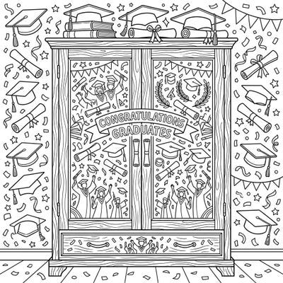 Celebrate academic achievement with this unique graduation-themed coloring page! A festive wardrobe bursts with graduation caps, diplomas, and joyous student scenes, waiting for your creative touch.