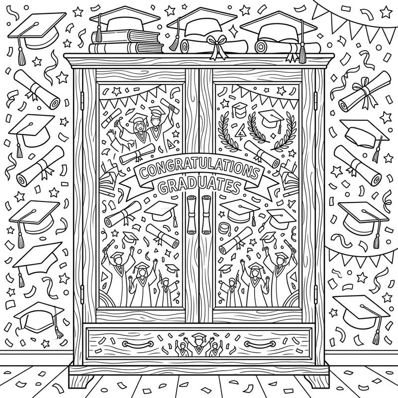 Celebrate academic achievement with this unique graduation-themed coloring page! A festive wardrobe bursts with graduation caps, diplomas, and joyous student scenes, waiting for your creative touch.