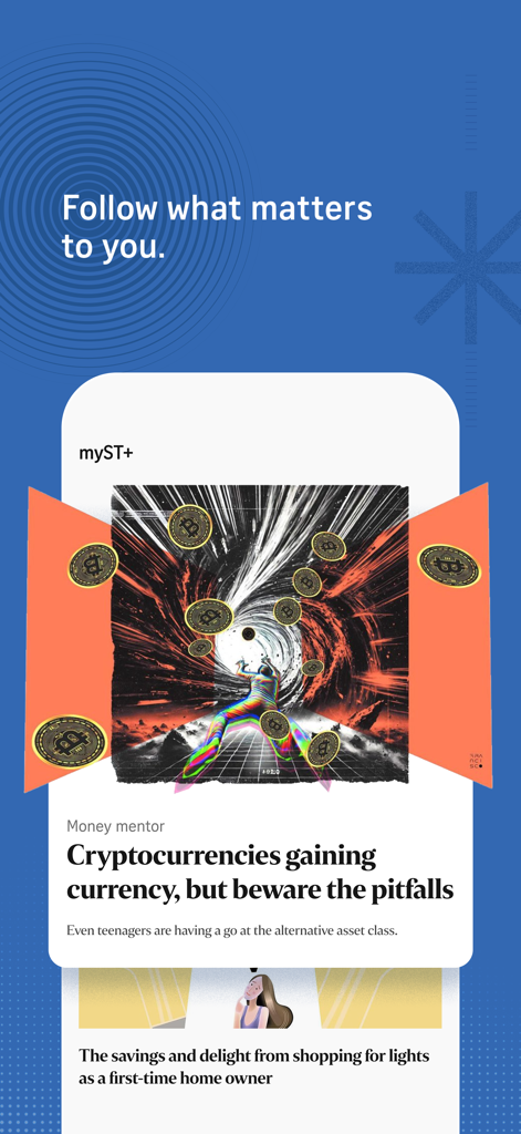 The Straits Times - The Straits Times app myST plus section with a personalized news article about cryptocurrencies