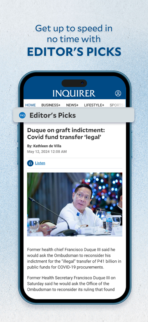 Inquirer Plus - Inquirer Plus app interface showing the Editor's Picks section with a featured news article