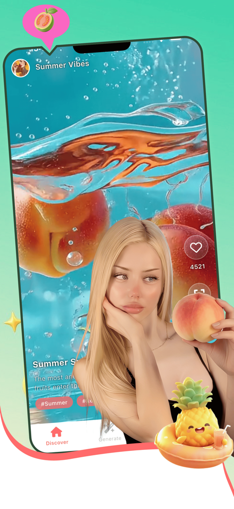 FiMio - FiMioアプリのインターフェース。アニメーション化されたフルーツと桃を持つ女性が登場するサマーバイブスのテーマを表示しています。