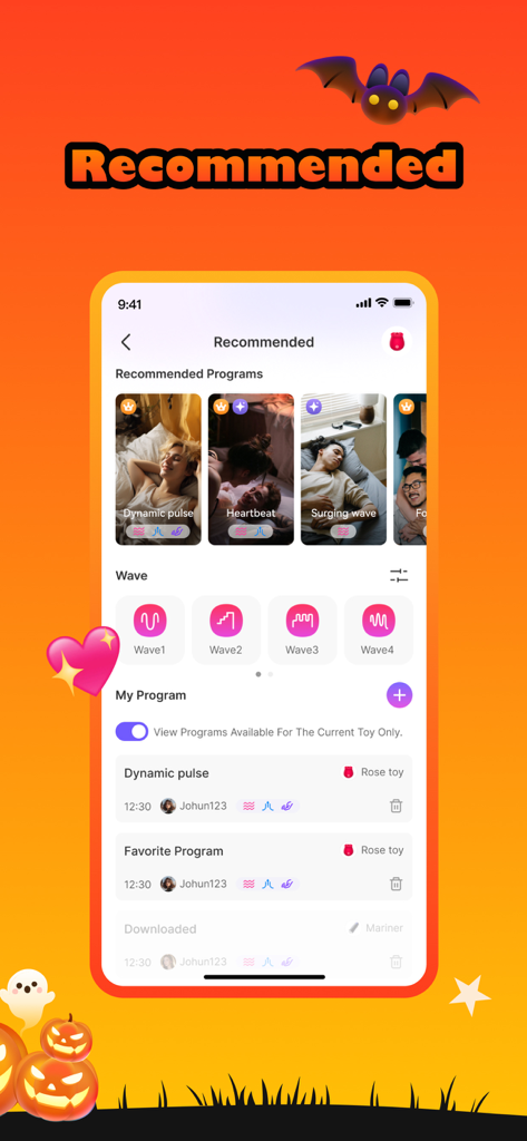 Joyhub app recommended programs screen with vibration patterns and Halloween theme