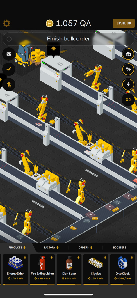 Factory: Idle & Tycoon Game - Piso de fábrica automatizado con brazos robóticos y productos en cintas transportadoras en un simulador inactivo de magnate.