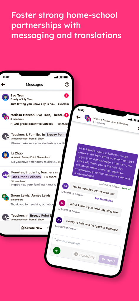 Two mobile screens displaying the Seesaw app messaging interface with a Spanish to English translation feature for parent teacher communication