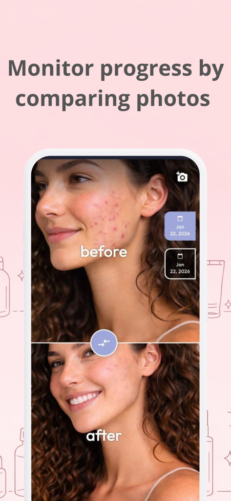Eine geteilte Ansicht in der GlowUp-App, die den Hautfortschritt mit Vorher-Nachher-Fotos vergleicht.
