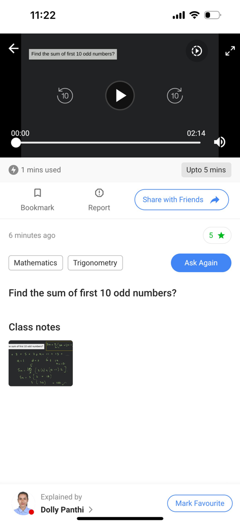 Filo: Homework & Exam Help - Filo app screen displaying a math problem solution video and class notes for calculating the sum of odd numbers