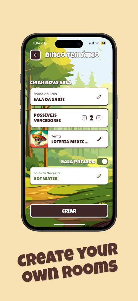 Themed Bingo - Una pantalla móvil que muestra la interfaz para crear salas personalizadas en la aplicación Bingo Temático.