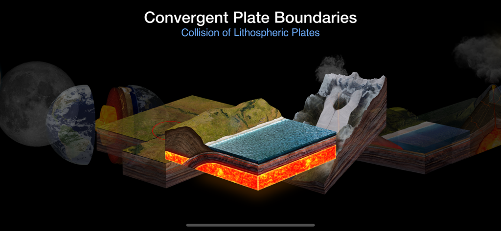Earth and Science - 収束型プレート境界と地殻プレートの衝突を示す3D図。
