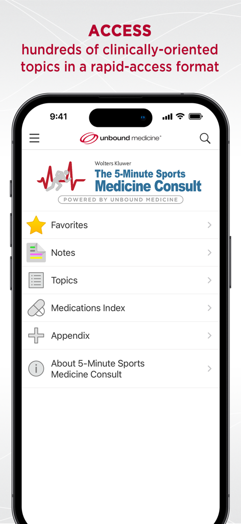 Tela inicial do aplicativo 5 Minute Sports Medicine Consult mostrando categorias de navegação clínica