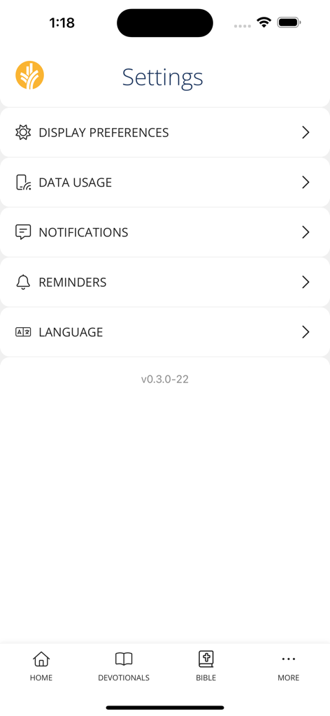 Settings screen of the Our Daily Bread app showing display preferences, notifications, reminders, and language options.